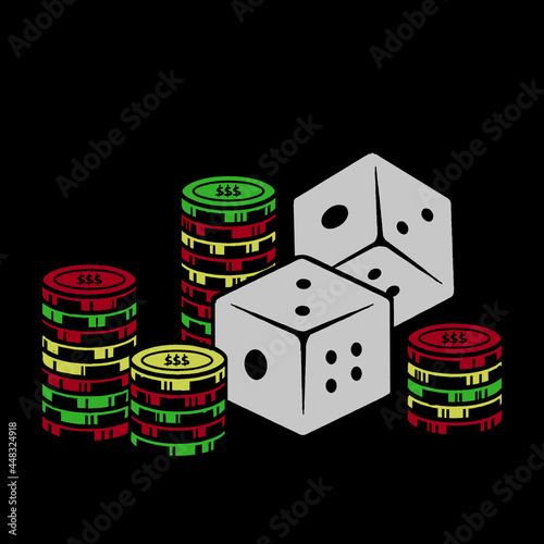 casino dice illustration and red yellow green coins, gambling and lucky