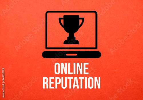 Business concept.Text ONLINE REPUTATION with simple icon on red background. photo