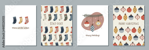 Set of winter holiday greeting cards with colorful cartoon socks and ornaments. Winter holiday greeting card templates.