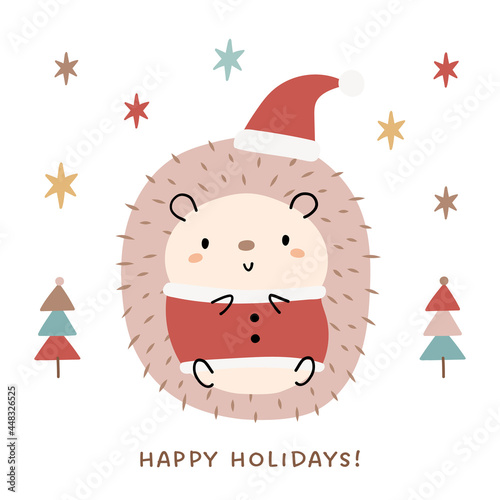 Cute and whimsical hedgehog in Santa Claus costume. Colorful pastel colors, cartoon style vector illustration.