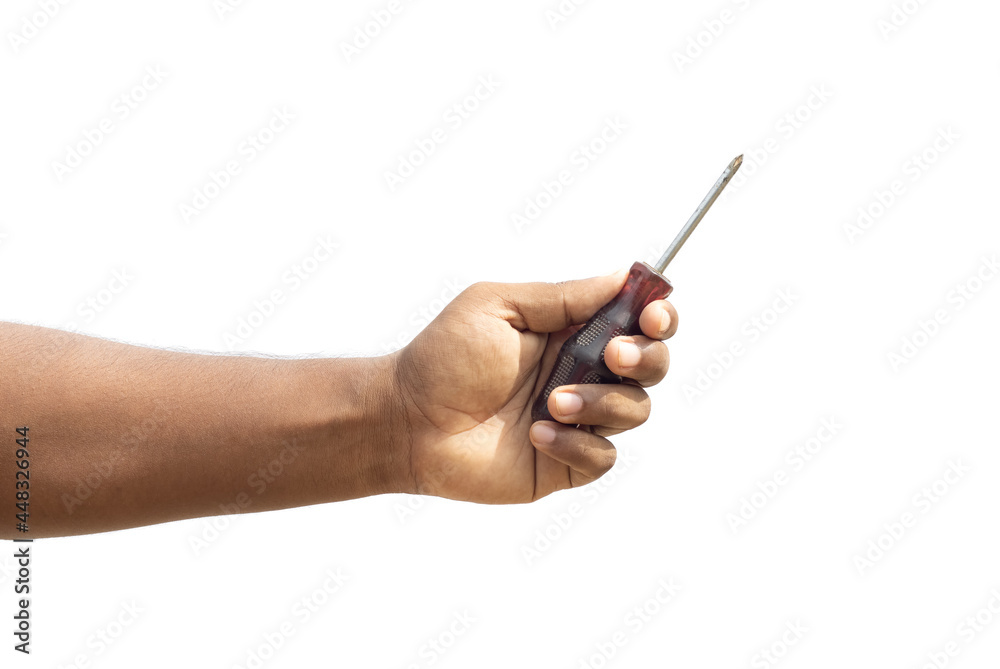 Isolated old screwdriver holding with a male hand on white background Isolated old screwdriver holding with a male hand on white background