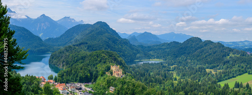 A view of Hohenschwangau Castle, a 19th-century palace located in the German village of Hohenschwangau near the town of Füssen, Germany.