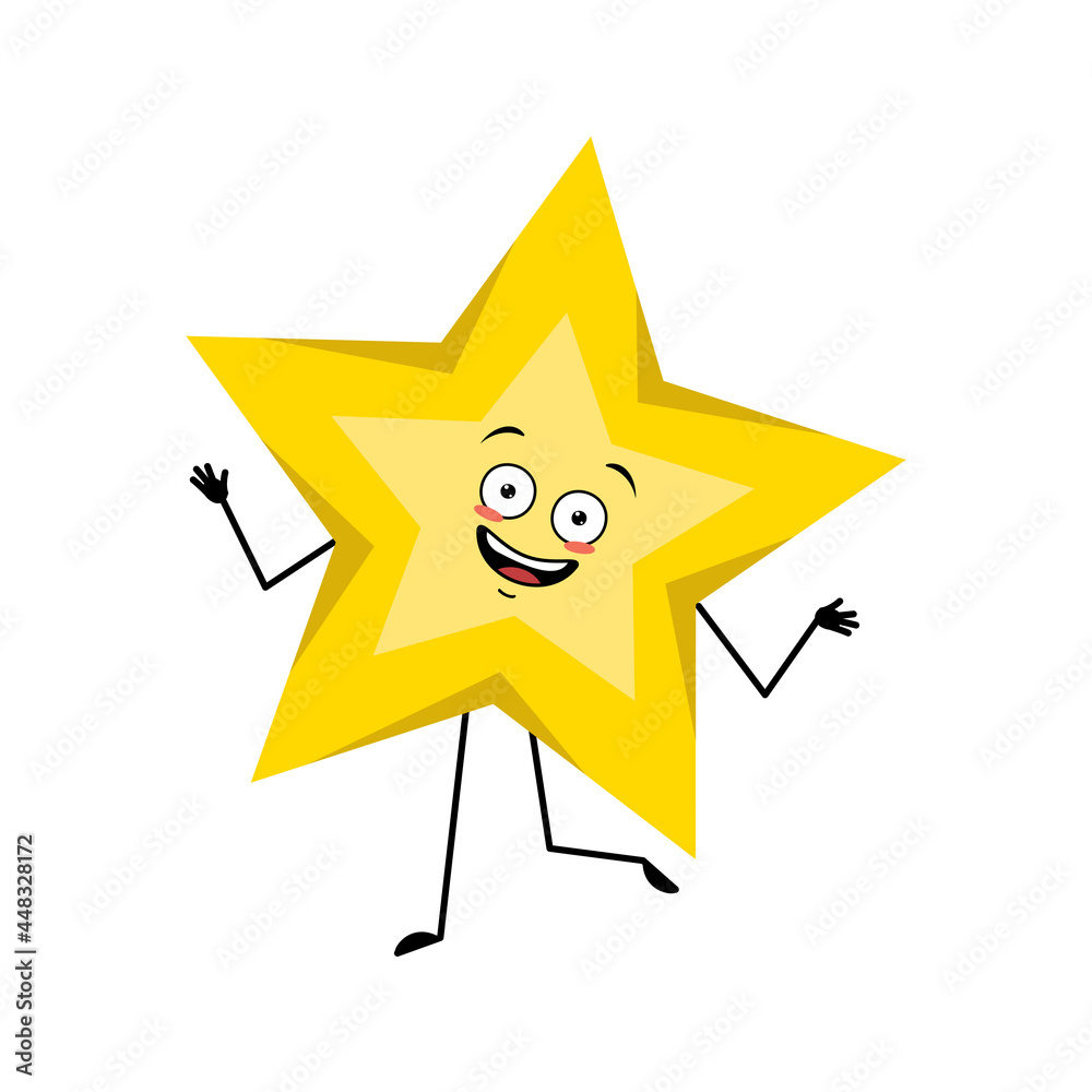 Cute star character with joyful dancing emotions, smile face, happy eyes, arms and legs. Space and weather symbol with kind expression Cute star character with joyful dancing emotions, smile face, happy eyes, arms and legs. Space and weather symbol with kind expression