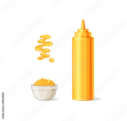 Mustard bottle, stain, set on a white isolated background. Sauce in a cup and splashes. Mock-up vector illustration