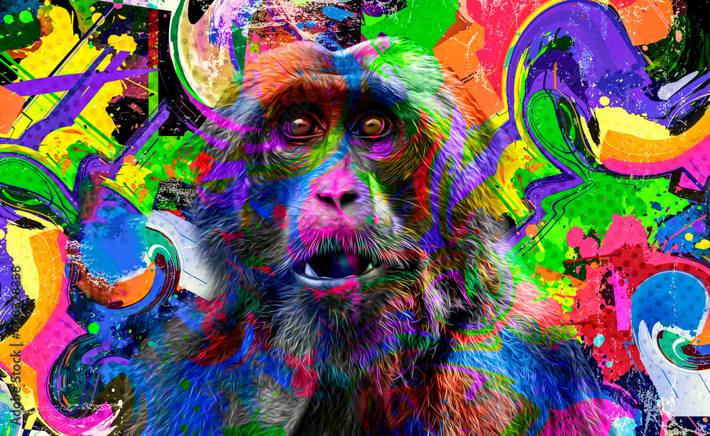 monkey head with creative colorful abstract elements on dark background