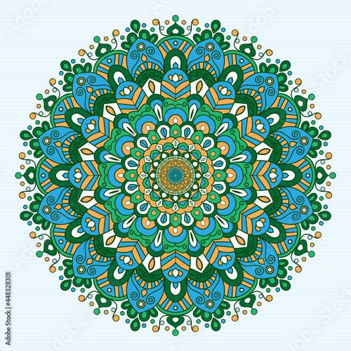 Decorative mandala with colorful ornament for greeting card, banner or poster in oriental style. 
