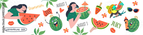 Watermelon Day. Festive fun vector banner. A set of cliparts on a white background.