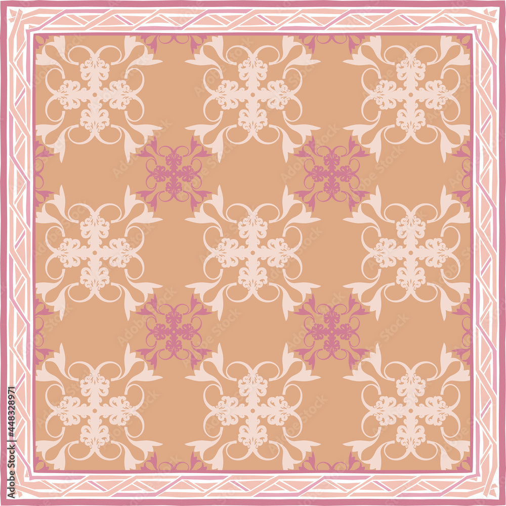  scarf pattern design on red. Geometric ornament with frame, border. Bandanna, shawl, scarf, tablecloth design for textile fabric print 