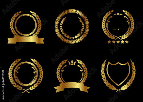 Golden lourel badge set on dark background, golden laurel wreath