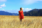 girl in the field mountains dress freedom, eco friendly, summer landscape active rest