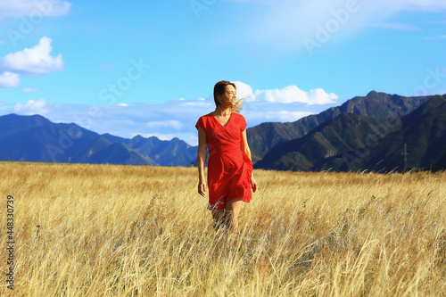 girl in the field mountains dress freedom, eco friendly, summer landscape active rest © kichigin19