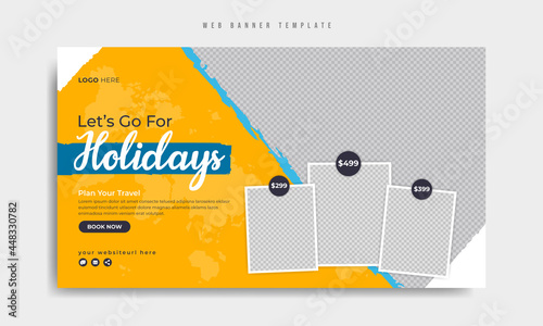 Travel and tourism business promotion web banner template. Summer holiday beach tour and travelling marketing abstract graphic background or cover. Social media flyer design with logo and icon.     