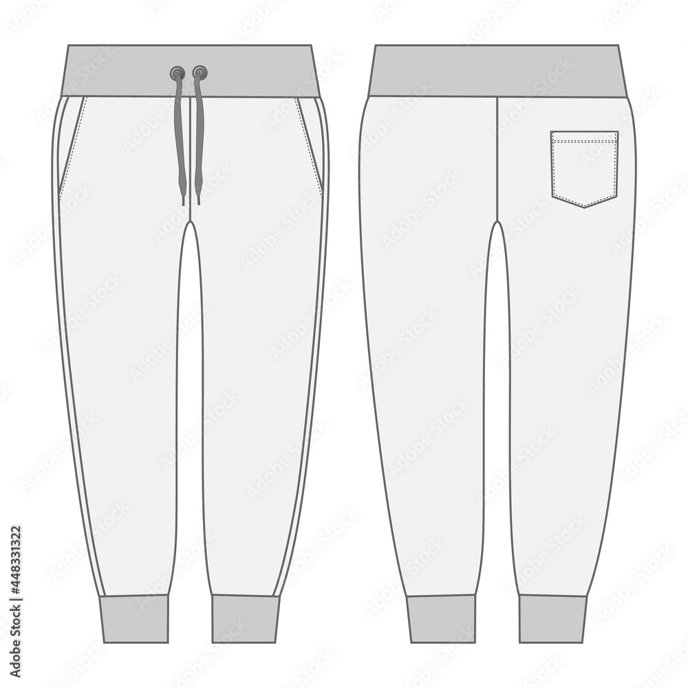 Jogger pants fashion Technical flat sketch vector template front, back ...