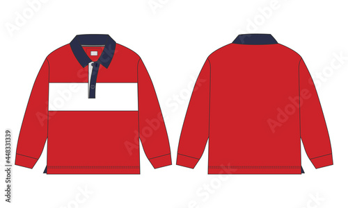 Long sleeve Polo shirt with chest cut and sew Overall technical fashion Drawing Flat sketch template front and back view. apparel dress design vector illustration mockup Polo tee CAD. 