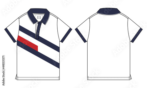 Short sleeve Polo shirt with Chest cut and sew Overall technical fashion Drawing Flat sketch template front and back view. apparel dress design vector illustration mockup Polo tee CAD.