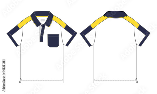 Short sleeve Polo shirt with pocket Overall technical fashion Drawing Flat sketch template front and back view. apparel dress design vector illustration mockup Polo tee CAD.