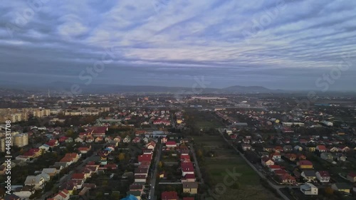 Aerial view meautiful sunrise in autumn season in the residential area on Uzhhorod city Zakarpattya UKRAINE photo