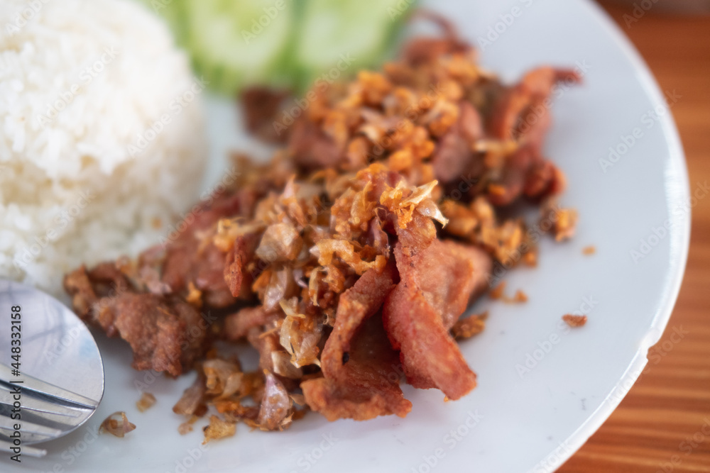 Fried pork with garlic, pepper on rice. Easy Thai food. Fried pork with garlic, pepper on rice. Easy Thai food.
