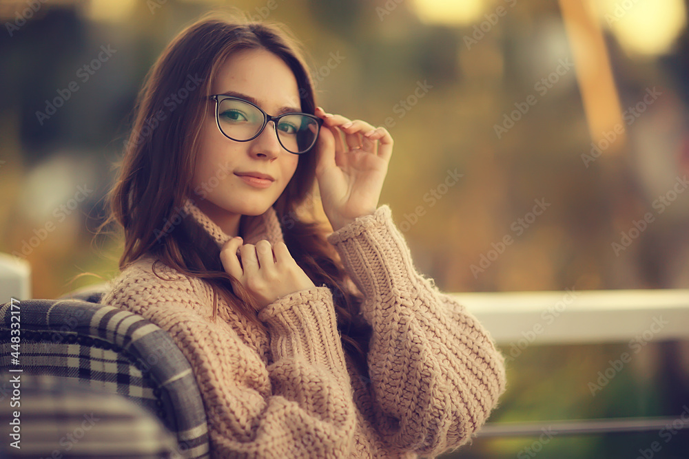 eyesight concept glasses, girl model in autumn glance, youth style smart student eyesight concept glasses, girl model in autumn glance, youth style smart student
