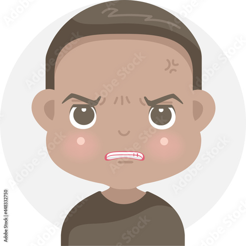anger kid negative emotions set of african little boy face. child expressing angered upset and irritable.