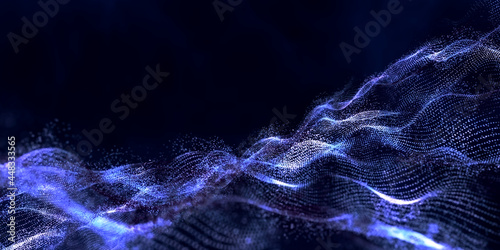 Abstract shiny colorful glow defocused digital particle waves with bokeh. Plexus background with shiny light dust and glitter line dots. 3D render of technology science, big data, and network backdrop