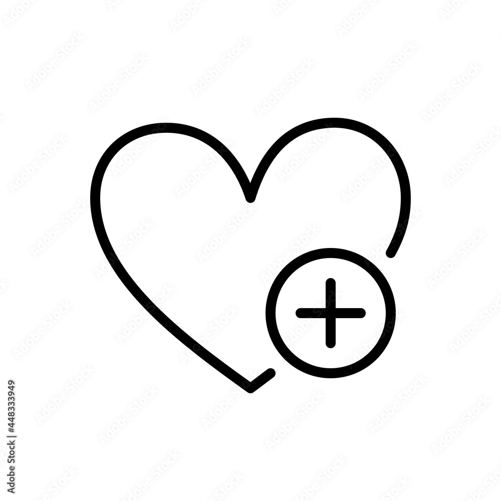 Wish list icon. Heart with plus. Wishlist icon. Add to Favorites. Vector illustration isolated on white background. Editable stroke. Wish list icon. Heart with plus. Wishlist icon. Add to Favorites. Vector illustration isolated on white background. Editable stroke.