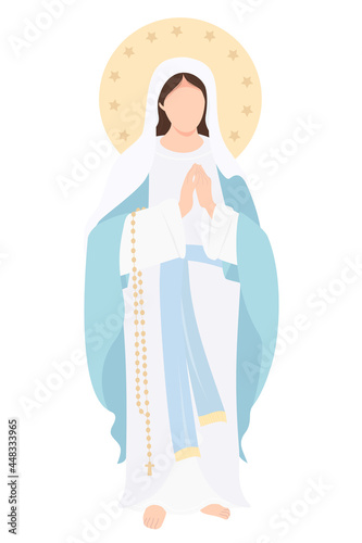 Holy Mary Mother of God the Queen of Heaven. Virgin Mary stands with her hands folded and prays meekly. Vector illustration for Christian and Catholic communities, design, decor of religious holidays
