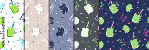 Set of seamless patterns. Summer vector backgrounds with kiwi smoothies in five different colors. Fresh fruit drinks. Sketch banner, template, print for textiles