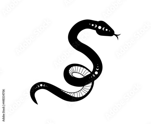 Magic snake in boho style with moon. Mystical symbol in a trendy minimalist style. Esoteric vector illustration.