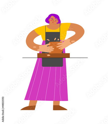 Vector isolated flat illustration with adult Caucasian woman working at pottery wheel. Student learns to make ceramic pot. Her hands, apron are stained with clay. Creative hobby of craftswoman