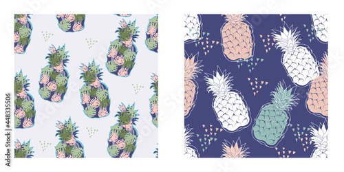 Seamless patterns collection with tropical pineapple fruits, vector illustration. Summer exotic pineapples fruit decorative endless repeatable prints set for design and textile.