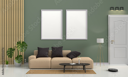Brown sofa in green living room with wall mockup, 3D rendering