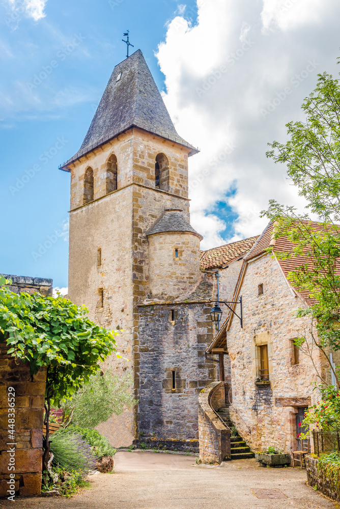 View at the Bell tower of Churchh Of Saint Jean Baptist in the streets of Loubressac - France.