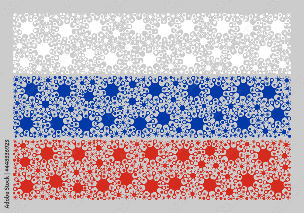 Mosaic Russia flag designed of virulent icons. Vector coronavirus collage Russia flag constructed for vaccination applications. Designed for political or patriotic posters. Mosaic Russia flag designed of virulent icons. Vector coronavirus collage Russia flag constructed for vaccination applications. Designed for political or patriotic posters.