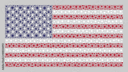 Mosaic USA flag designed of coronavirus items. Vector coronavirus mosaic USA flag constructed for inoculation purposes. Designed for political or patriotic proclamations.