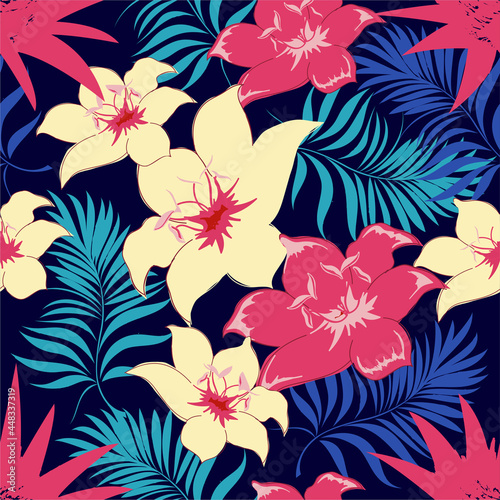 Palm leaves. Seamless pattern with leaves of tropical plants with blooming flowers. Vector floral design. Set.