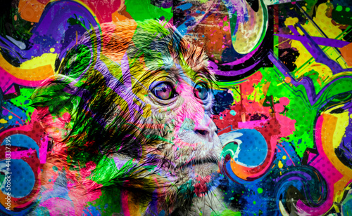 monkey head with creative colorful abstract elements on dark background