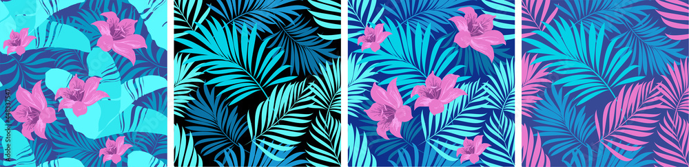 Palm leaves. Seamless pattern with leaves of tropical plants with blooming flowers. Vector floral design. Set. Palm leaves. Seamless pattern with leaves of tropical plants with blooming flowers. Vector floral design. Set.