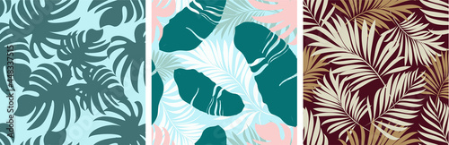 Palm leaves. Seamless pattern with leaves of tropical plants with blooming flowers. Vector floral design. Set.