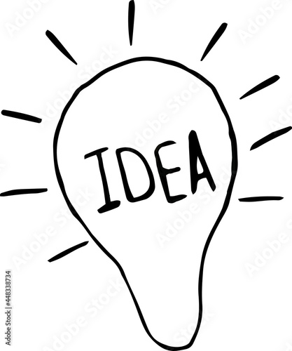 Doodle illustration of a lit light bulb with the inscription "Idea"