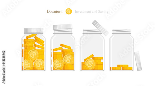 The coins in clear bottles dropped for the Investment and economic downturn concept. Vector illustration