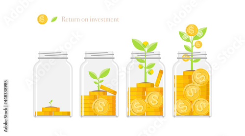 The coins in clear bottles increased and Green tree growing on money coins for Investment and finance growth business concept. Vector
 illustration