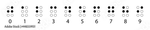 Braille numbers in a row. Tactile writing system used by people who are blind or visually impaired. Vector illustration in black and white.