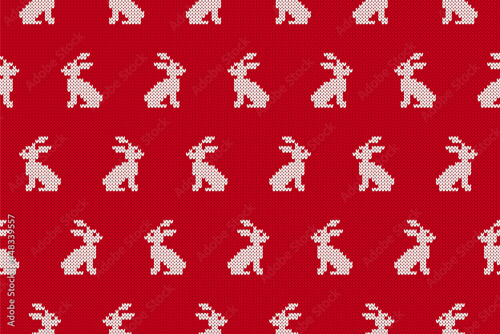 Knit seamless pattern. Red background with rabbits. Holiday knitted sweater texture. Easter traditional print. Festive fair isle ornament. Vector illustration. Knit seamless pattern. Red background with rabbits. Holiday knitted sweater texture. Easter traditional print. Festive fair isle ornament. Vector illustration.