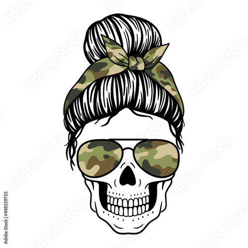 Female skull with aviator glasses bandana and camouflage print. Mom skull with messy bun. Vector illustration.  Isolated on white background. Good for posters, t shirts, postcards.
