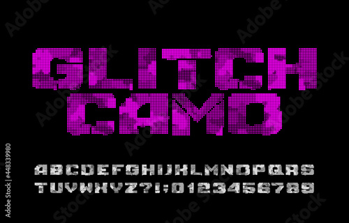 Glitch camo alphabet font. Digital camouflage letters and numbers. Vector typeface for your design.