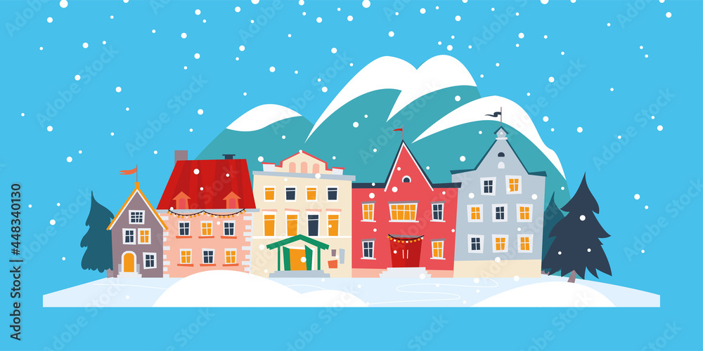 Beautiful winter snowy city with cozy houses in mountains landscape isolated design. Vector flat cartoon illustration. For banners, invitations, packaging, placards, cards, flayers.