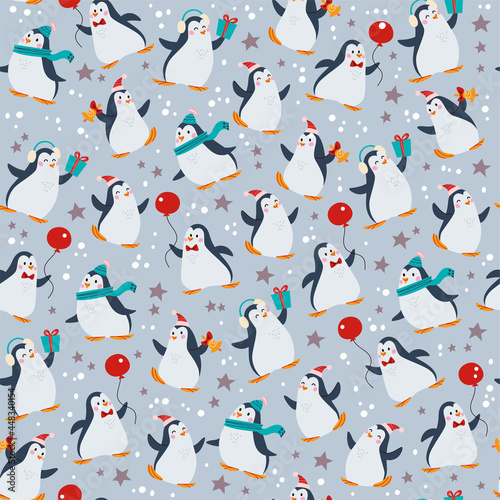 Seamless pattern with funny different penguin characters in hats with balloons isolated. For Christmas cards, invitations, packaging paper etc. Vector flat cartoon illustration.