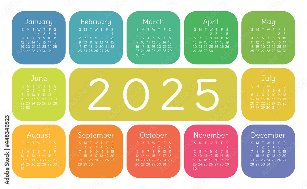 Calendar 2025 year. English colorful vector horizontal wall or pocket