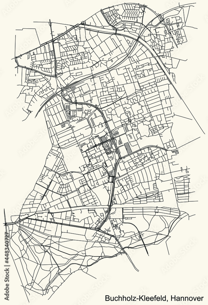 Black simple detailed street roads map on vintage beige background of the quarter Buchholz-Kleefeld district of Hanover, Germany